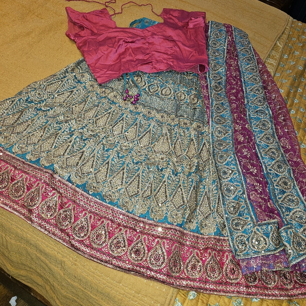 Lehenga choli teal and hot pink